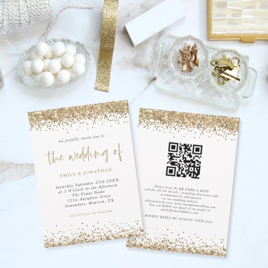 Gold Glitter Confetti QR Code Weddenschap Kaart