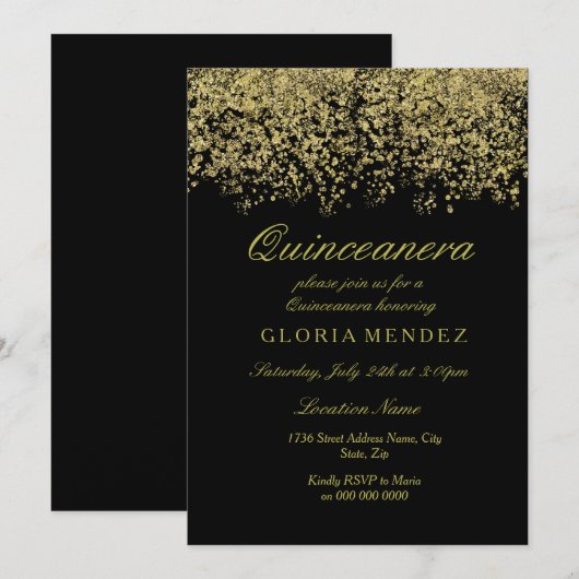 Gold Glitter Confetti Quinceanera Kaart (Voorkant / Achterkant)