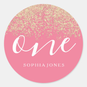 Gold Glitter Confetti roze 1e verjaardag Ronde Sticker