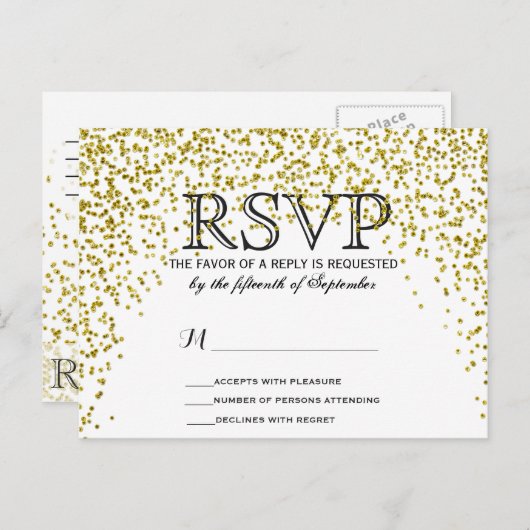 Gold Glitter Confetti RSVP-Briefkaarten Uitnodiging Briefkaart (Voorkant / Achterkant)