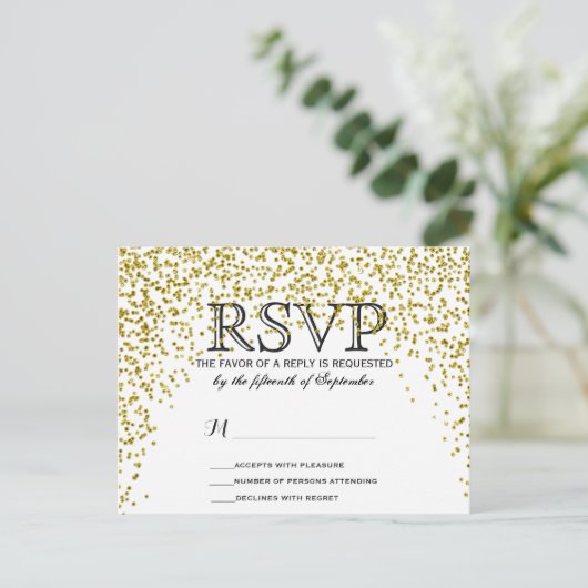 Gold Glitter Confetti RSVP-Briefkaarten Uitnodiging Briefkaart (Staand voorkant)