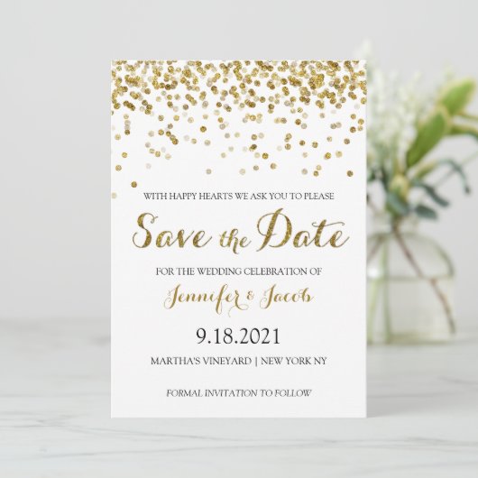 Gold Glitter Confetti Save the Date Invitation (Staand voorkant)
