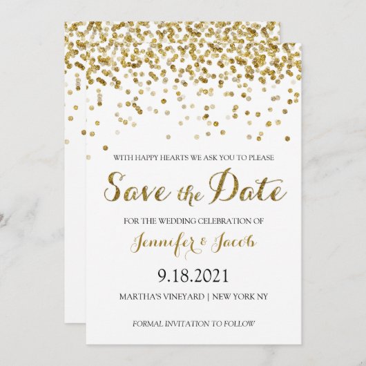 Gold Glitter Confetti Save the Date Invitation (Voorkant / Achterkant)