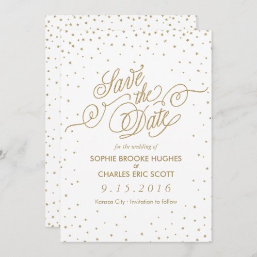 Gold Glitter Confetti Stars Fancy Opslaan Datum Save The Date (Voorkant / Achterkant)