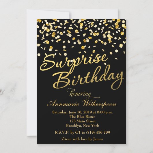 Gold Glitter Confetti Surprise Birthday Invitation Kaart (Voorkant)