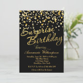 Gold Glitter Confetti Surprise Birthday Invitation Kaart (Staand voorkant)