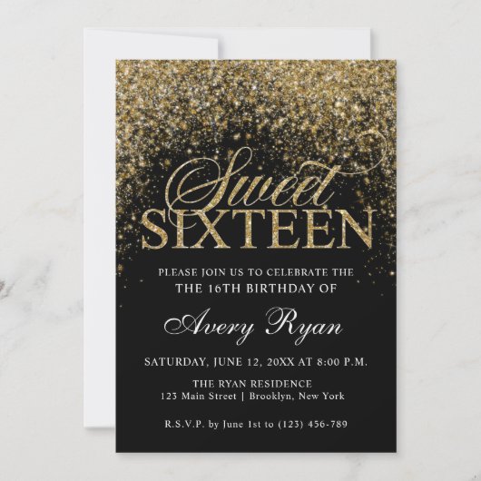 Gold Glitter Confetti Sweet 16 Kaart (Voorkant)