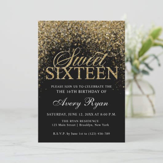 Gold Glitter Confetti Sweet 16 Kaart (Staand voorkant)
