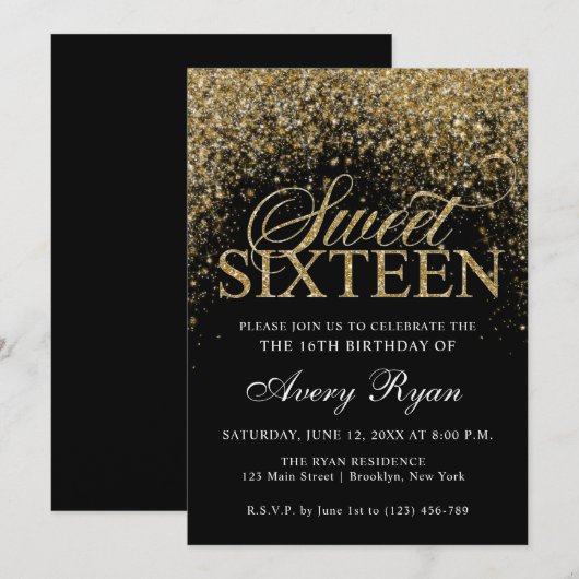 Gold Glitter Confetti Sweet 16 Kaart (Voorkant / Achterkant)