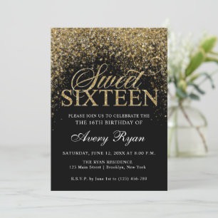 Gold Glitter Confetti Sweet 16 Kaart