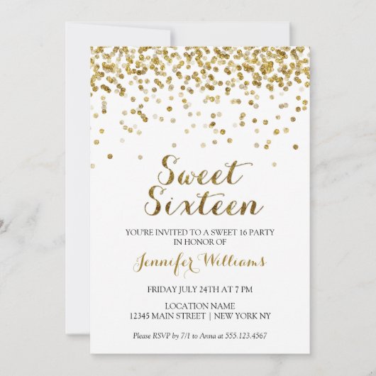 Gold Glitter Confetti Sweet Sixteen 16 Uitnodiging (Voorkant)