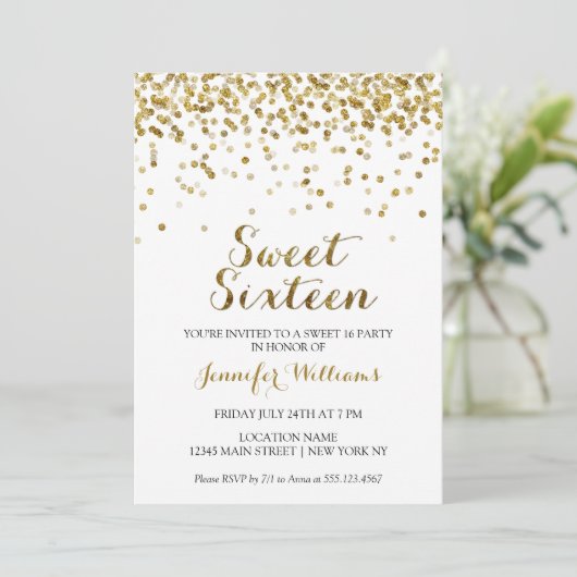Gold Glitter Confetti Sweet Sixteen 16 Uitnodiging (Staand voorkant)