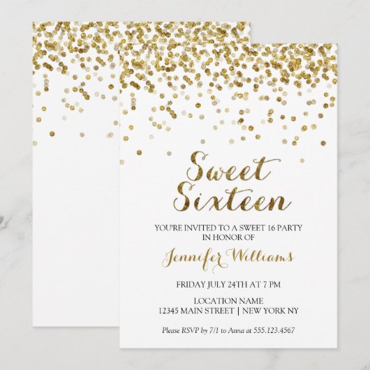 Gold Glitter Confetti Sweet Sixteen 16 Uitnodiging (Voorkant / Achterkant)