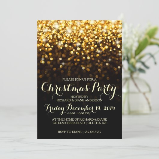 Gold Glitter Confetti - Uitnodiging voor kerstfees (Staand voorkant)