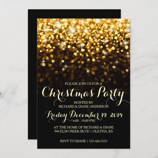 Gold Glitter Confetti - Uitnodiging voor kerstfees (Voorkant / Achterkant)