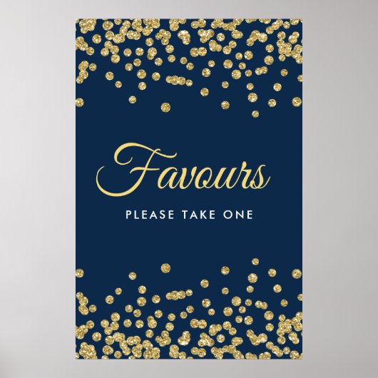 Gold Glitter Confetti Wedding Favors Navy Poster (Voorkant)