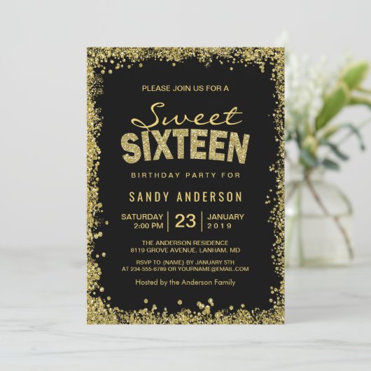 Gold Glitter Confetti | Zoet 16 Zestien verjaardag Kaart (Staand voorkant)