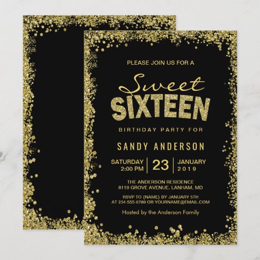 Gold Glitter Confetti | Zoet 16 Zestien verjaardag Kaart (Voorkant / Achterkant)