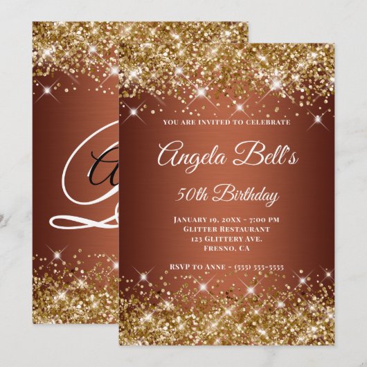 Gold Glitter Copper Ombre Fancy Monogram Kaart (Voorkant / Achterkant)