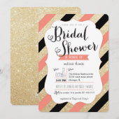 Gold Glitter & Coral Stripes Vrijgezellenfeest Inv Kaart (Voorkant / Achterkant)