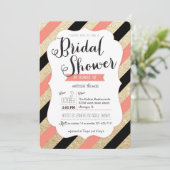 Gold Glitter & Coral Stripes Vrijgezellenfeest Inv Kaart (Staand voorkant)