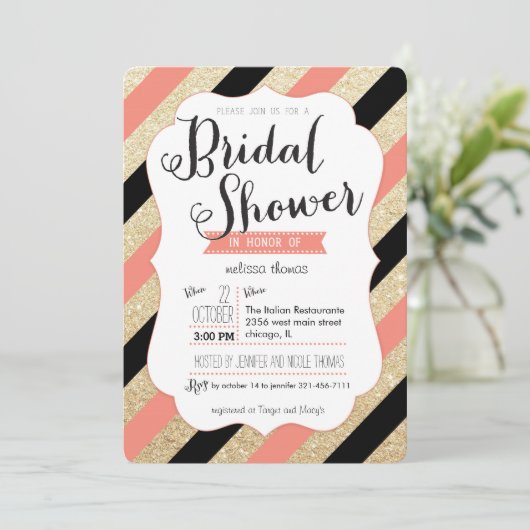 Gold Glitter & Coral Stripes Vrijgezellenfeest Inv Kaart (Staand voorkant)