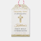Gold Glitter Cross First Heilige Communie Dank u w Cadeaulabel (Voorkant)