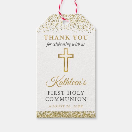 Gold Glitter Cross First Heilige Communie Dank u w Cadeaulabel (Voorkant)