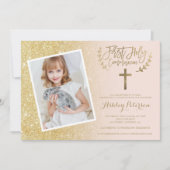 Gold glitter cross-roze foto Eerste Heilige Commun Kaart (Voorkant)