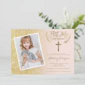 Gold glitter cross-roze foto Eerste Heilige Commun Kaart (Staand voorkant)
