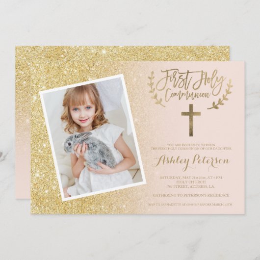 Gold glitter cross-roze foto Eerste Heilige Commun Kaart (Voorkant / Achterkant)