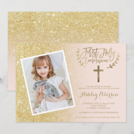 Gold glitter cross-roze foto Eerste Heilige Commun Kaart