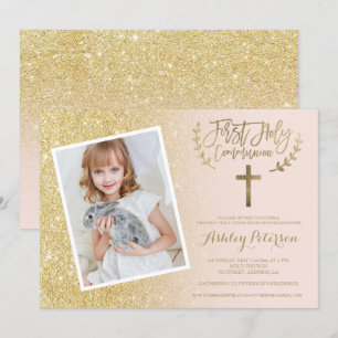 Gold glitter cross-roze foto Eerste Heilige Commun Kaart