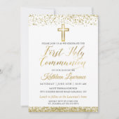 Gold Glitter Cross Script First Heilige Communie Kaart (Voorkant)