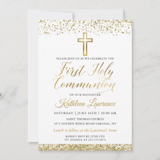 Gold Glitter Cross Script First Heilige Communie Kaart (Voorkant)
