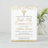 Gold Glitter Cross Script First Heilige Communie Kaart (Staand voorkant)