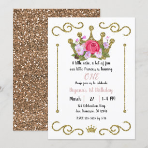 Gold Glitter Crown Floral 1 ONE 1st Birthday Party Kaart