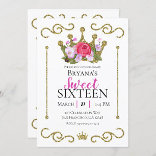 Gold Glitter Crown Floral Foto Sweet 16 Party Kaart