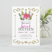 Gold Glitter Crown Floral Stippen Sweet 16 Party Kaart (Staand voorkant)