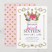 Gold Glitter Crown Floral Stippen Sweet 16 Party Kaart (Voorkant / Achterkant)