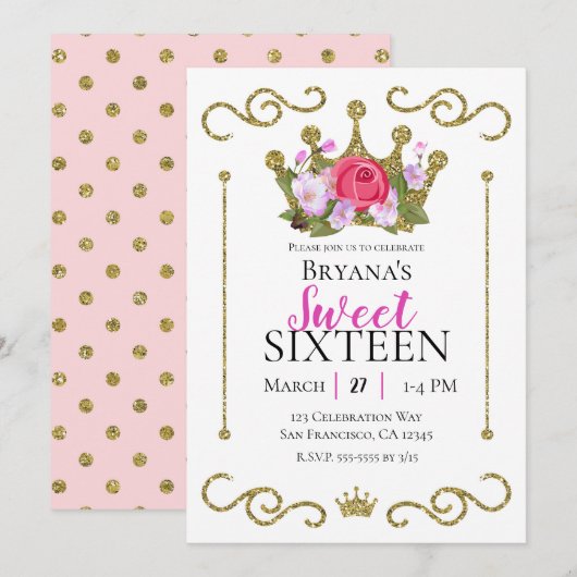 Gold Glitter Crown Floral Stippen Sweet 16 Party Kaart (Voorkant / Achterkant)
