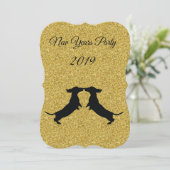Gold Glitter Dachshund - Uitnodiging nieuwjaarsfee (Staand voorkant)
