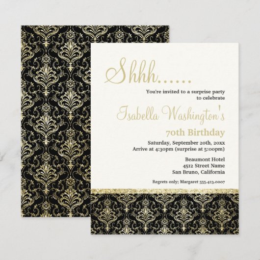 Gold Glitter Damask 70e Surprise Birthday Party Kaart (Voorkant / Achterkant)