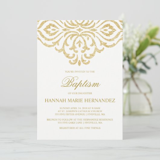 Gold Glitter Damask Doop uitnodiging (Staand voorkant)