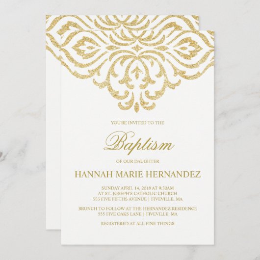 Gold Glitter Damask Doop uitnodiging (Voorkant / Achterkant)