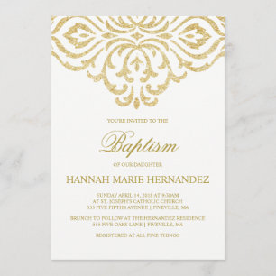 Gold Glitter Damask Doop uitnodiging