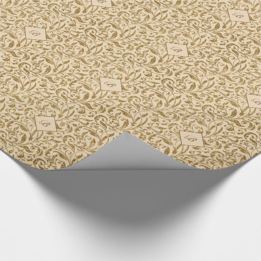 Gold Glitter Damask Pattern Monogramed Kerstmis Cadeaupapier (Hoek)