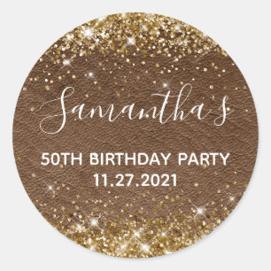 Gold Glitter Dark Brown Leather 50th Birthday Ronde Sticker