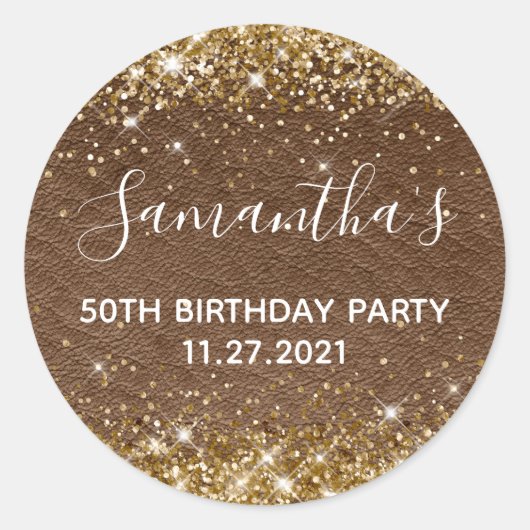 Gold Glitter Dark Brown Leather 50th Birthday Ronde Sticker (Voorkant)