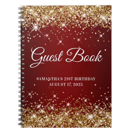Gold Glitter Dark Red 21st Birthday Guestbook Notitieboek (Voorkant)
